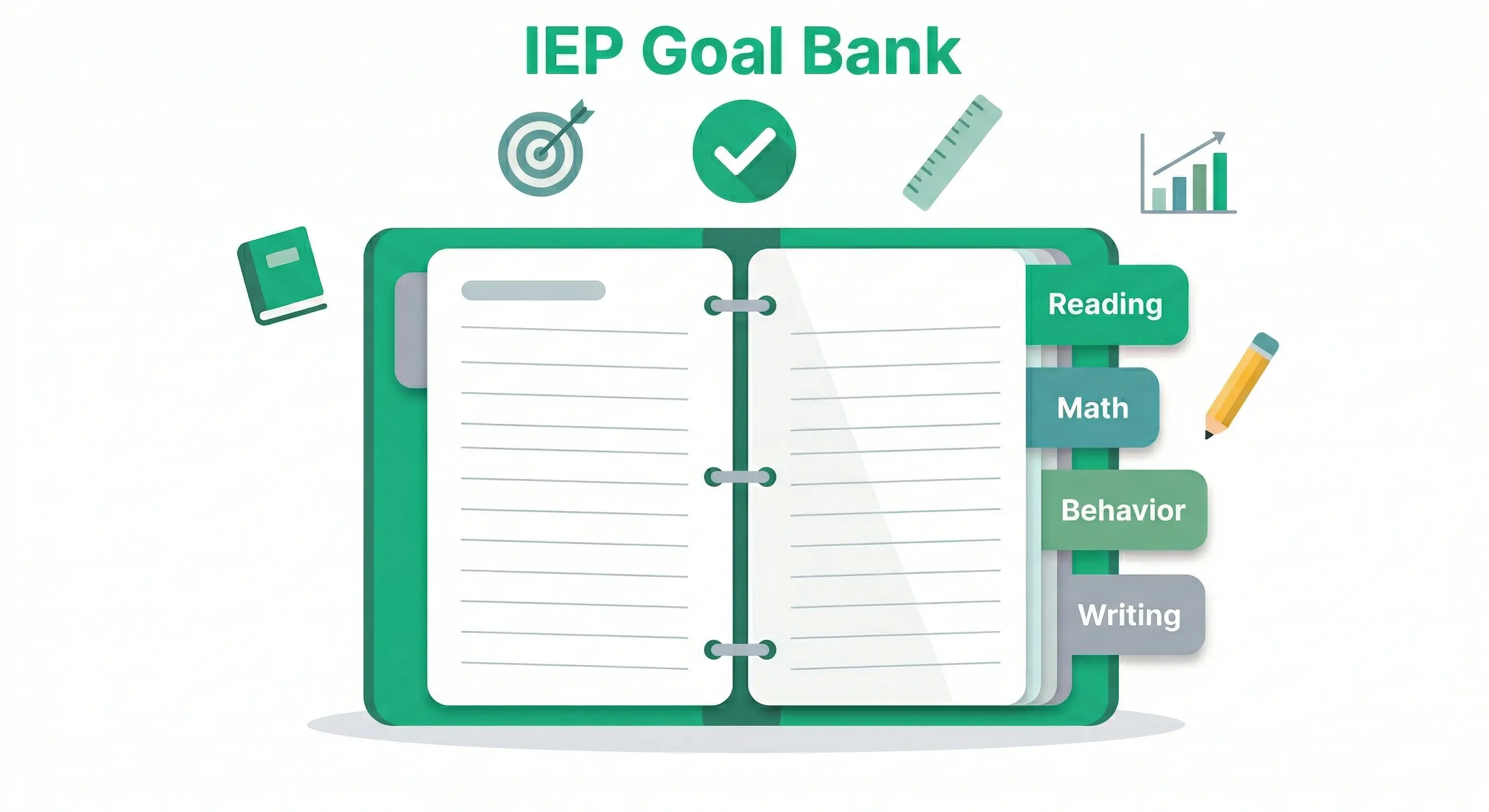 An open ring binder labelled IEP Goal Bank with tabbed dividers for reading, math, behavior and writing